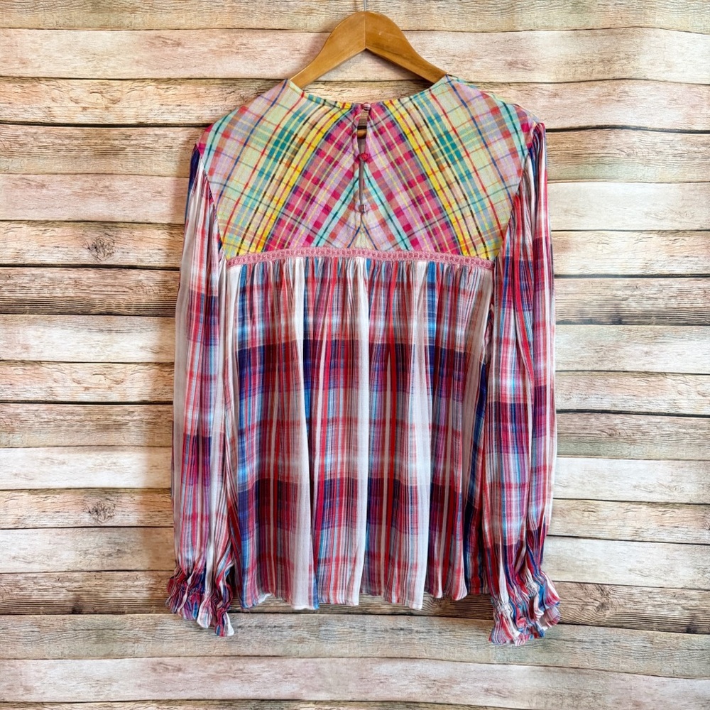 Blank London Women's Miranda Flowy Peasant Top in Rainbow Plaid Size Small - Picture 8 of 9